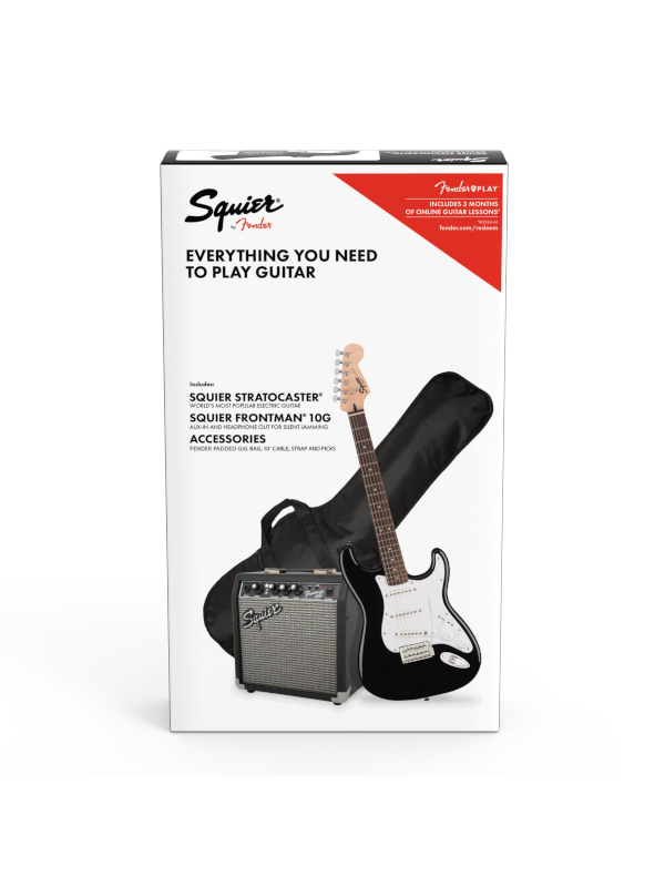 SQUIER STRATOCASTER ELECTRIC GUITAR PACK W/GIG BAG & FRONTMAN 10G AMPLIFIER, BLACK Sandman
